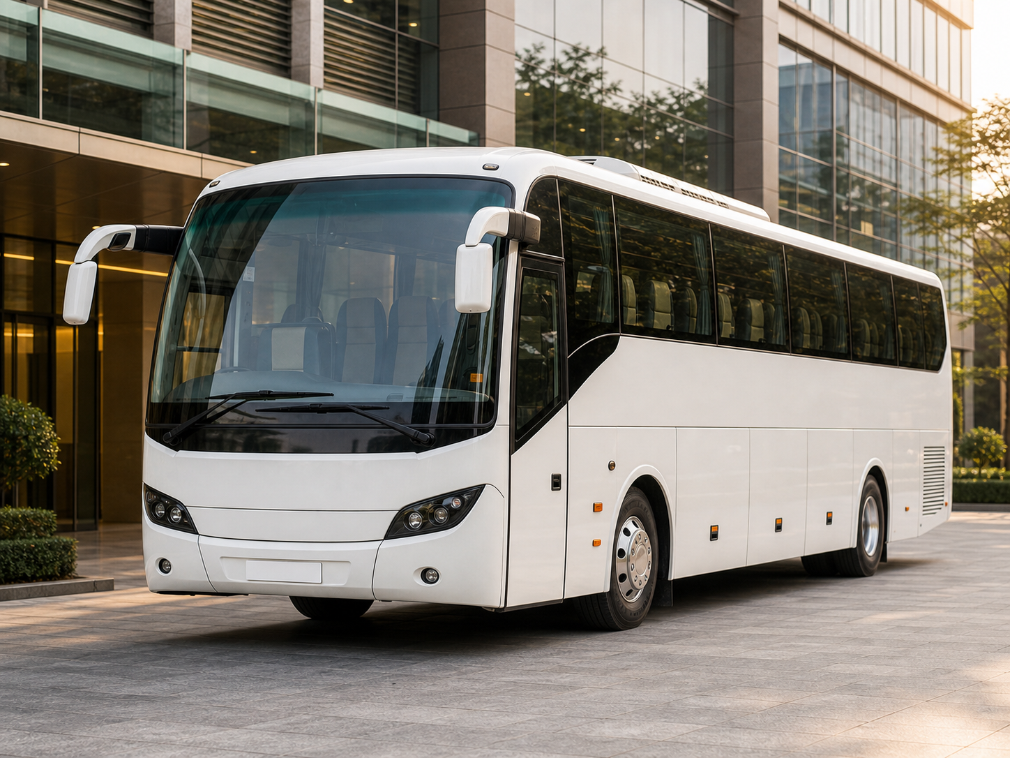 White corporate coach bus at a modern office pickup bay