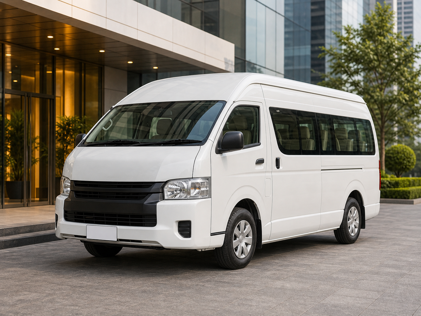 White Toyota Commuter-style executive passenger van at a corporate office pickup area