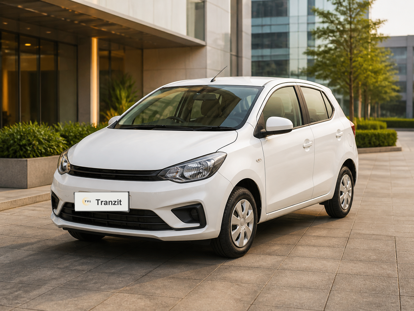 Economical white AC hatchback cab with Tranzit branded number plate at a corporate office pickup area