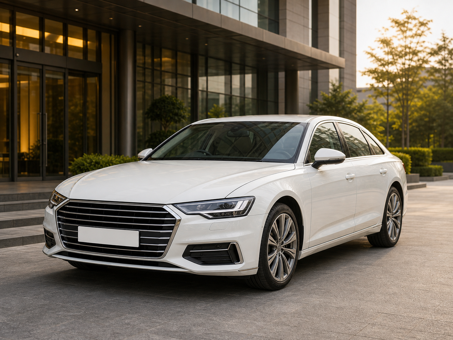 White luxury executive sedan at a premium corporate office entrance