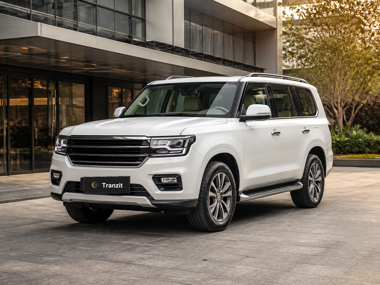 Spacious white AC SUV cab with Tranzit branded number plate for corporate team and outstation travel